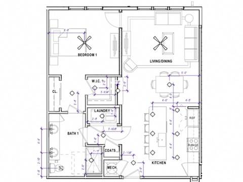 889 Square ft 1 bed 1 bath floor plan at St Mary's Square North Apartments, Raleigh, North Carolina